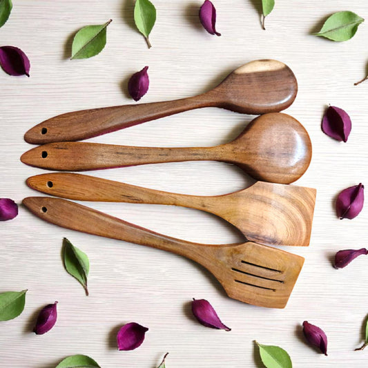 Premium Teak Wood Kitchen Utensils Set of 4 - Nonstick Cookware Safe Wooden Spoons and Spatulas - Durable, Eco-Friendly