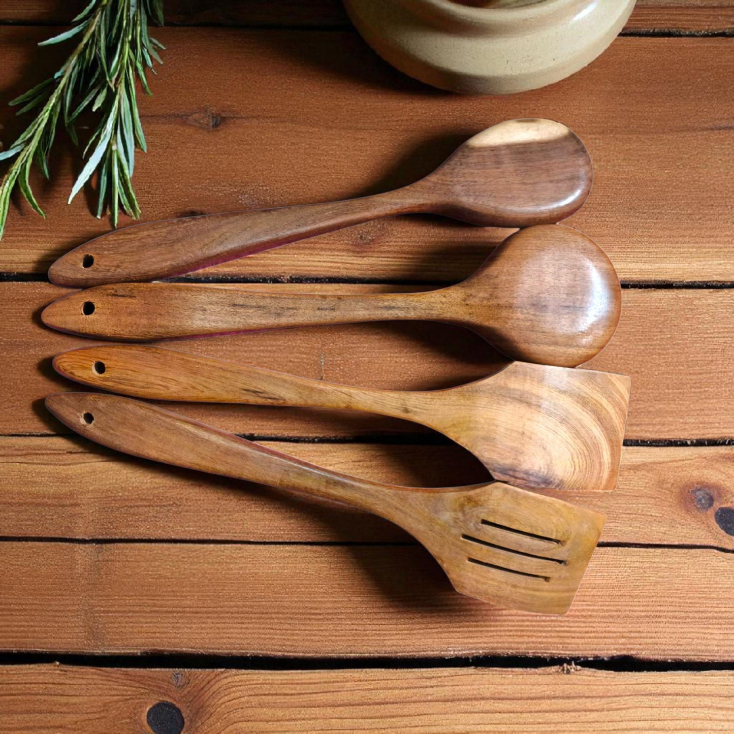 Premium Teak Wood Kitchen Utensils Set of 4 - Nonstick Cookware Safe Wooden Spoons and Spatulas - Durable, Eco-Friendly