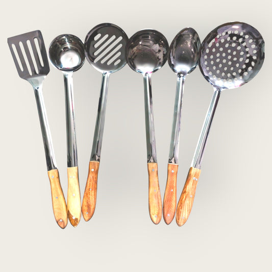 Premium Stainless Steel Kitchen Utensil Set with Wooden Handles | 6-Piece Cooking Spoon & Spatula Tool Collection with Stand | Heavy Duty Kitchen Tools for Home & Professional Use
