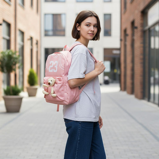 Cute Pink Teddy Bear Backpack for Girls | Kids School Bag with Basketball Jersey Number 23 Print | Soft Plush Toy Front Pocket | Lightweight Travel Rucksack