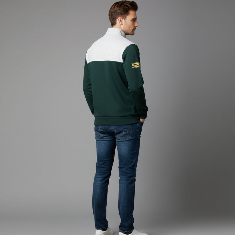Men's Color Block Quarter-Zip Sweatshirt with Pouch Pocket | Casual Anchor Logo Pullover | Dark Green & Grey Funnel Neck Jumper