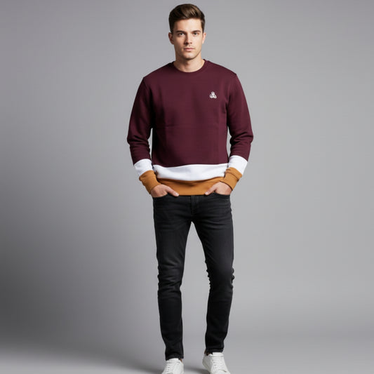 Men's Color Block Crewneck Sweatshirt | Burgundy, White & Tan Pullover | Embroidered Logo Jumper | Ribbed Cuff & Hem
