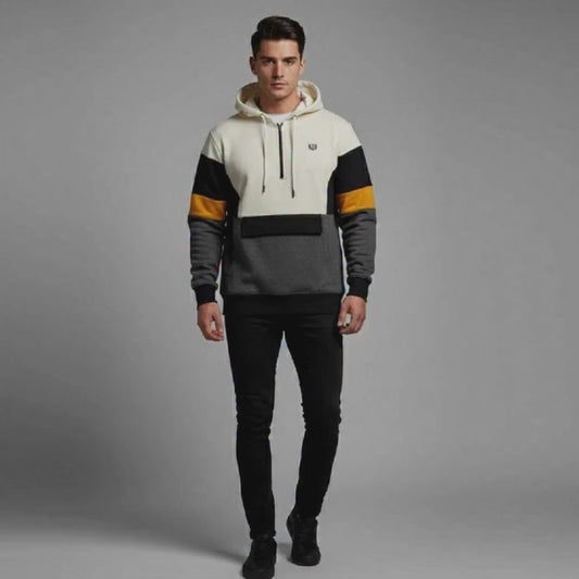 Men's Premium Color Block Pullover Hoodie | Quarter-Zip Funnel Neck Jumper | Ivory, Grey & Mustard Panel Hoodie | Front Flap Pocket