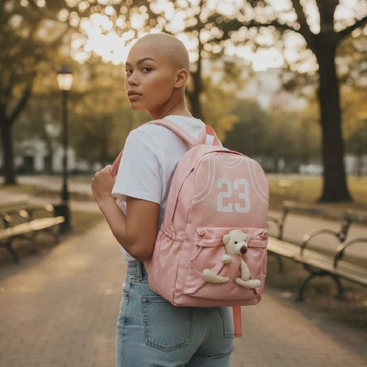 Cute Pink Teddy Bear Backpack for Girls | Kids School Bag with Basketball Jersey Number 23 Print | Soft Plush Toy Front Pocket | Lightweight Travel Rucksack