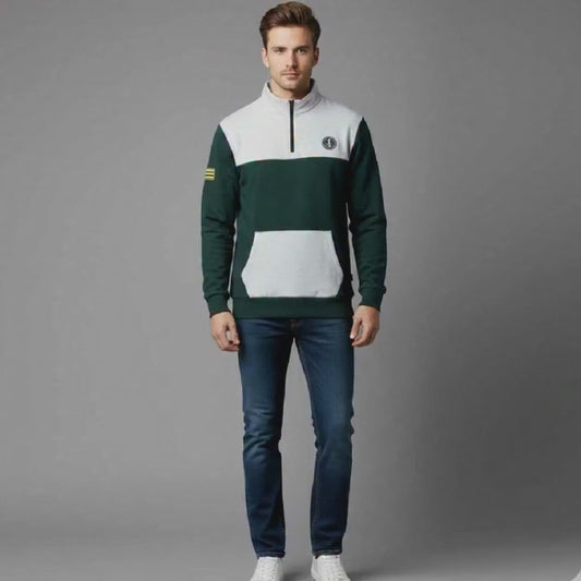Men's Color Block Quarter-Zip Sweatshirt with Pouch Pocket | Casual Anchor Logo Pullover | Dark Green & Grey Funnel Neck Jumper