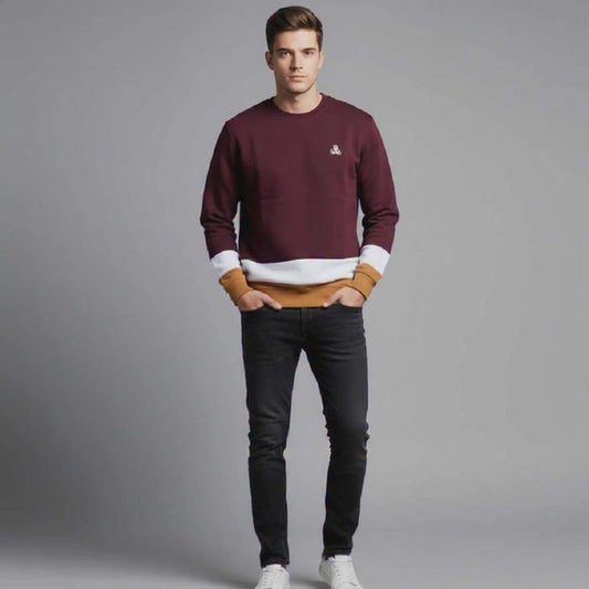 Men's Color Block Crewneck Sweatshirt | Burgundy, White & Tan Pullover | Embroidered Logo Jumper | Ribbed Cuff & Hem