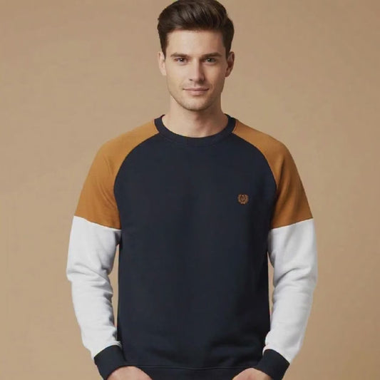Living Essentials Men's Raglan Color Block Sweatshirt - Navy, Tan & White - Crew Neck Fleece Jumper