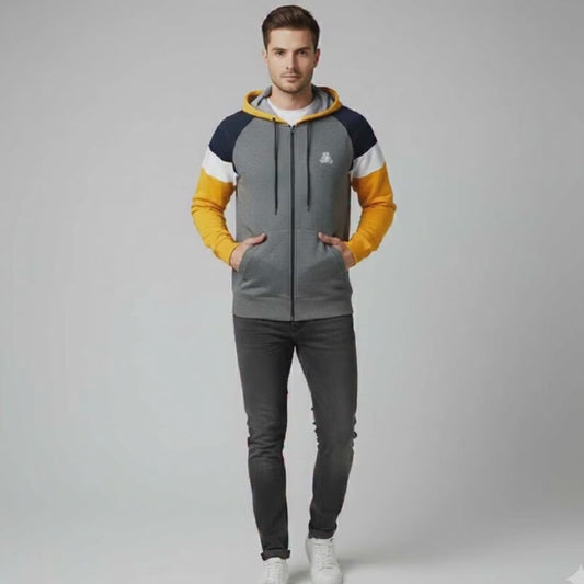 Men's Multi-Color Block Full-Zip Hoodie | Grey, Navy, & Yellow Hooded Sweatshirt | Raglan Sleeve Fleece Jacket | Contrast Hood Liner
