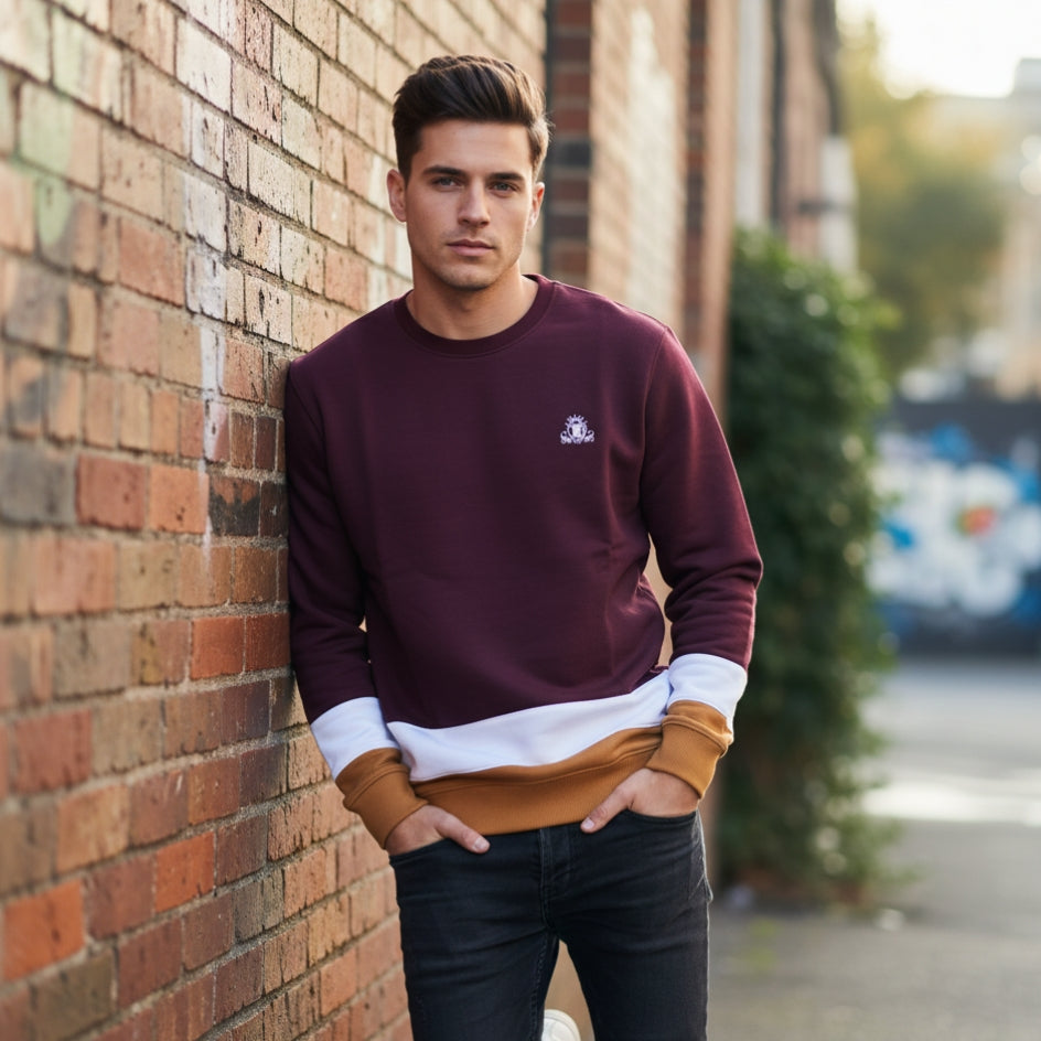 Men's Color Block Crewneck Sweatshirt | Burgundy, White & Tan Pullover | Embroidered Logo Jumper | Ribbed Cuff & Hem