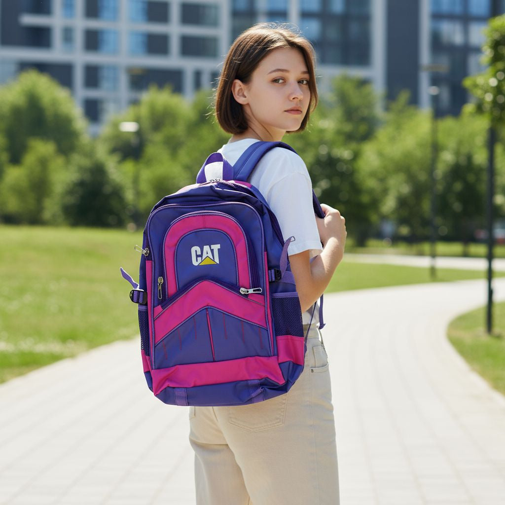 CAT Bold Two-Tone School Backpack - Durable Purple & Pink College Book Bag for Students, Travel, and Daily Use