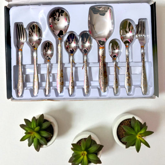 Elegant 28-Piece Silver Cutlery Set | Polished Stainless Steel Spoon & Fork Tableware Collection