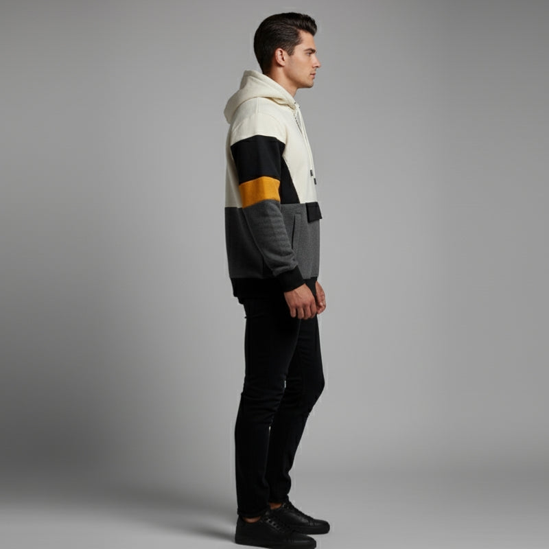 Men's Premium Color Block Pullover Hoodie | Quarter-Zip Funnel Neck Jumper | Ivory, Grey & Mustard Panel Hoodie | Front Flap Pocket