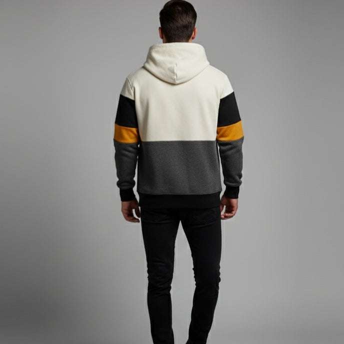 Men's Premium Color Block Pullover Hoodie | Quarter-Zip Funnel Neck Jumper | Ivory, Grey & Mustard Panel Hoodie | Front Flap Pocket