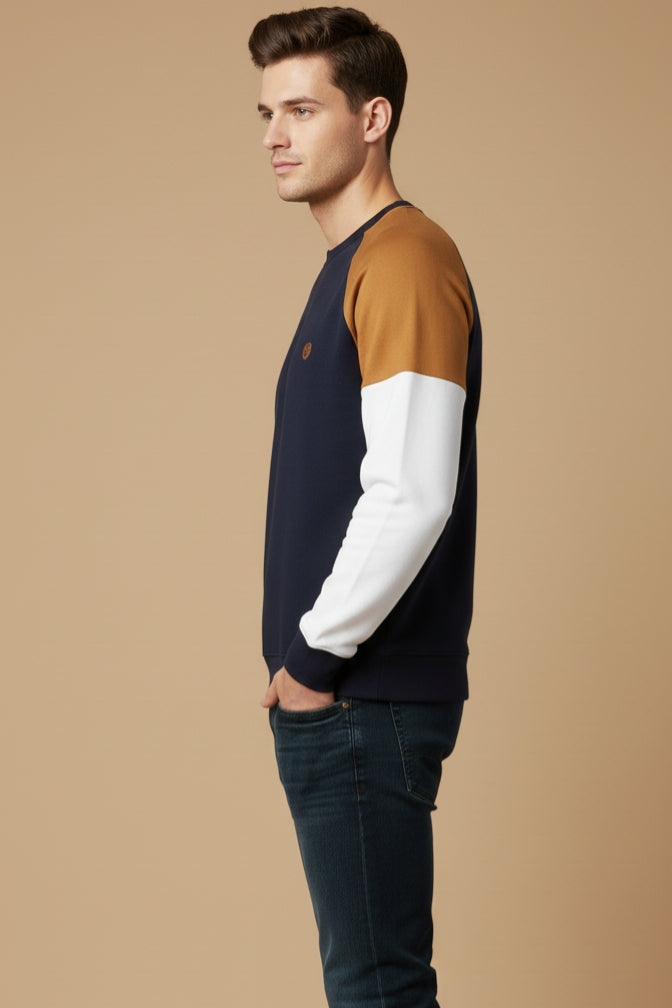 Living Essentials Men's Raglan Color Block Sweatshirt - Navy, Tan & White - Crew Neck Fleece Jumper