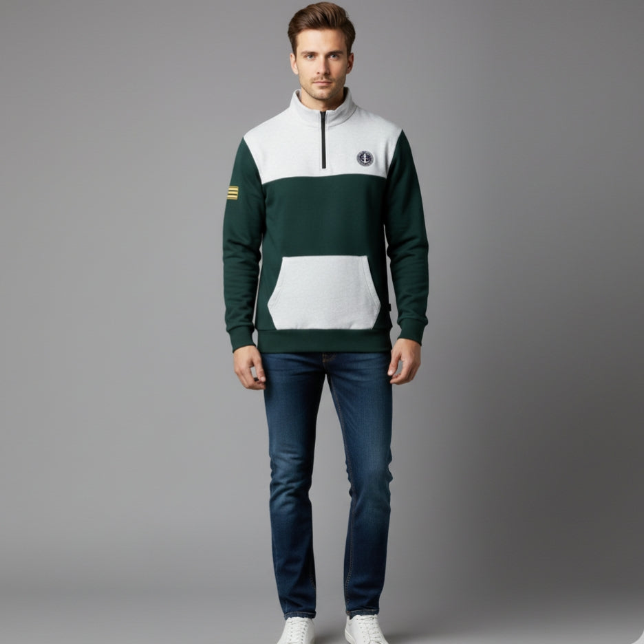 Men's Color Block Quarter-Zip Sweatshirt with Pouch Pocket | Casual Anchor Logo Pullover | Dark Green & Grey Funnel Neck Jumper