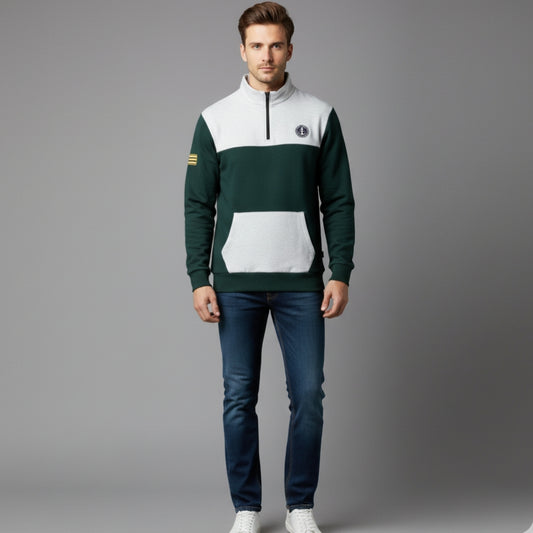 Men's Color Block Quarter-Zip Sweatshirt with Pouch Pocket | Casual Anchor Logo Pullover | Dark Green & Grey Funnel Neck Jumper