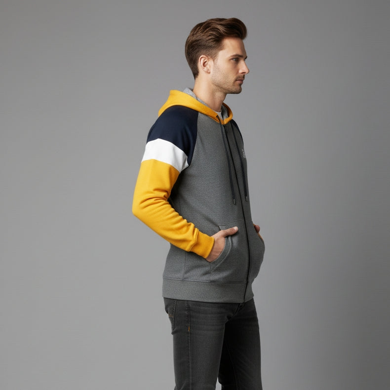 Men's Multi-Color Block Full-Zip Hoodie | Grey, Navy, & Yellow Hooded Sweatshirt | Raglan Sleeve Fleece Jacket | Contrast Hood Liner