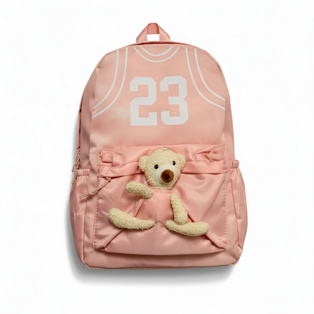 Cute Pink Teddy Bear Backpack for Girls | Kids School Bag with Basketball Jersey Number 23 Print | Soft Plush Toy Front Pocket | Lightweight Travel Rucksack