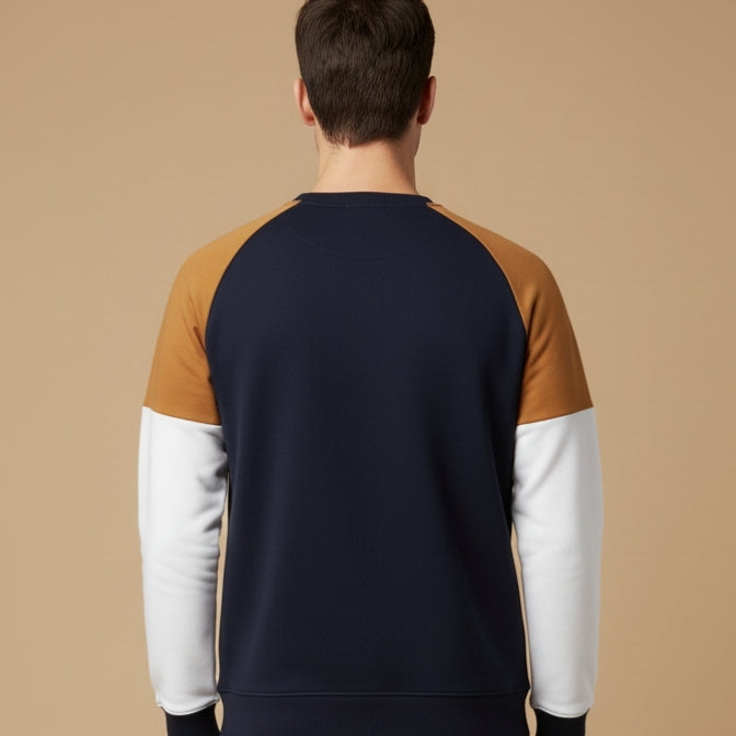 Living Essentials Men's Raglan Color Block Sweatshirt - Navy, Tan & White - Crew Neck Fleece Jumper