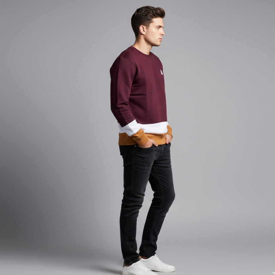 Men's Color Block Crewneck Sweatshirt | Burgundy, White & Tan Pullover | Embroidered Logo Jumper | Ribbed Cuff & Hem