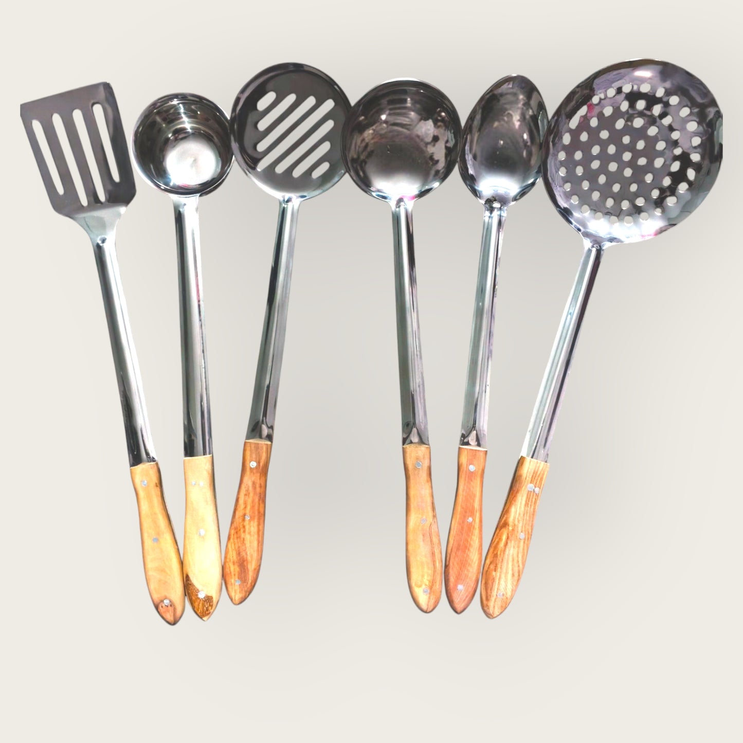 Premium Stainless Steel Kitchen Utensil Set with Wooden Handles | 6-Piece Cooking Spoon & Spatula Tool Collection with Stand | Heavy Duty Kitchen Tools for Home & Professional Use
