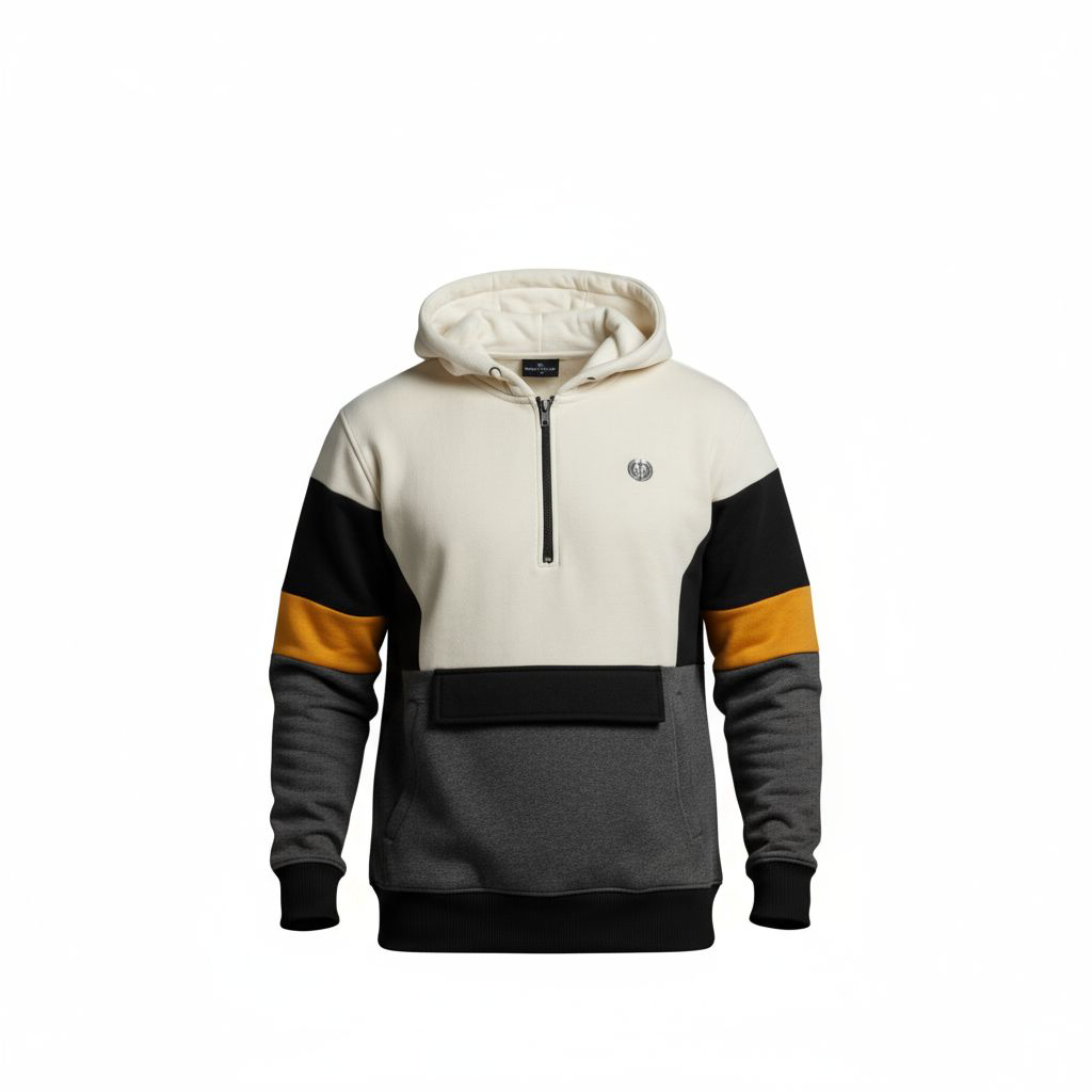 Men's Premium Color Block Pullover Hoodie | Quarter-Zip Funnel Neck Jumper | Ivory, Grey & Mustard Panel Hoodie | Front Flap Pocket