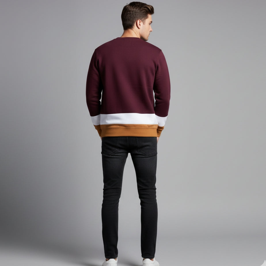 Men's Color Block Crewneck Sweatshirt | Burgundy, White & Tan Pullover | Embroidered Logo Jumper | Ribbed Cuff & Hem