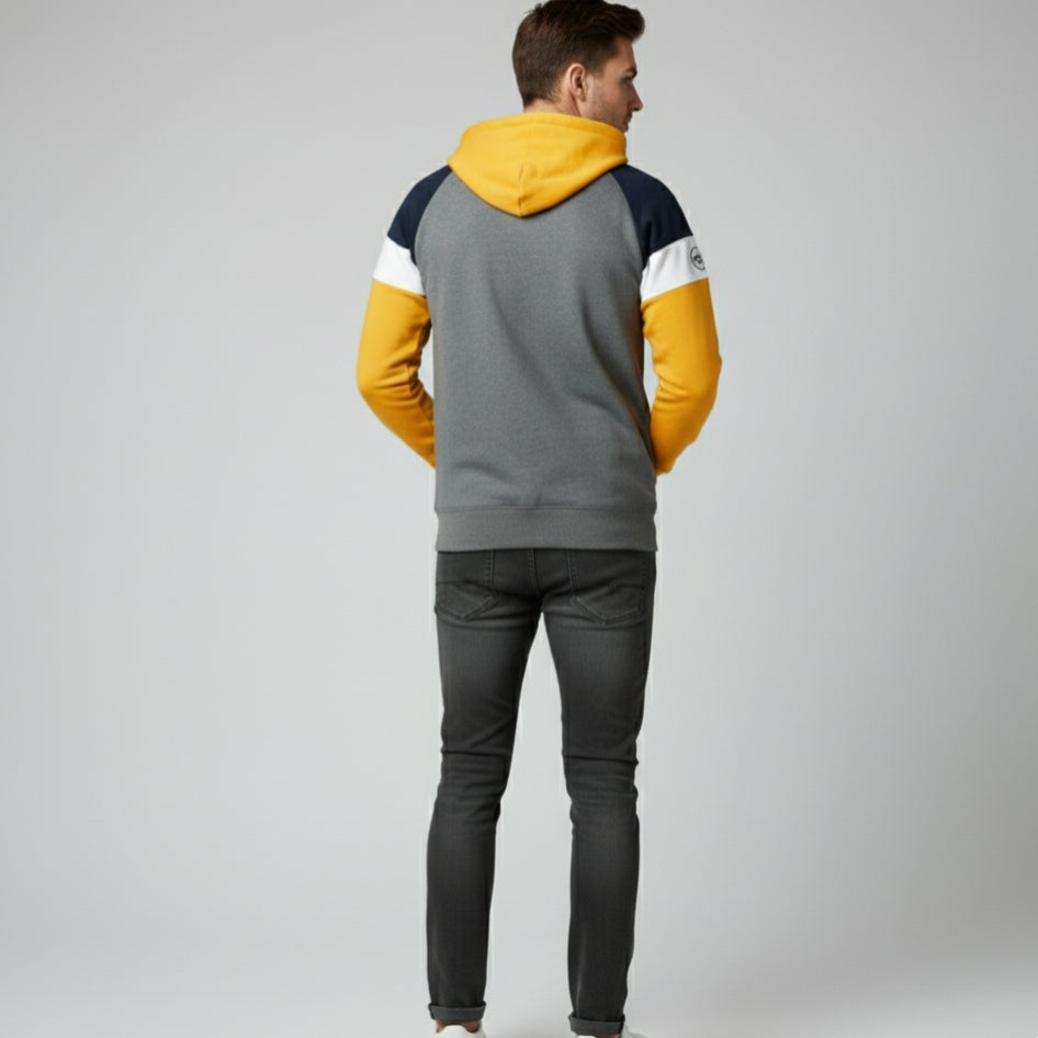 Men's Multi-Color Block Full-Zip Hoodie | Grey, Navy, & Yellow Hooded Sweatshirt | Raglan Sleeve Fleece Jacket | Contrast Hood Liner