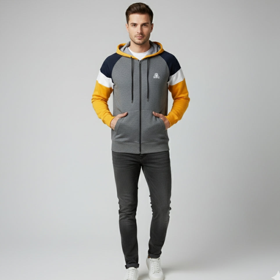 Men's Multi-Color Block Full-Zip Hoodie | Grey, Navy, & Yellow Hooded Sweatshirt | Raglan Sleeve Fleece Jacket | Contrast Hood Liner