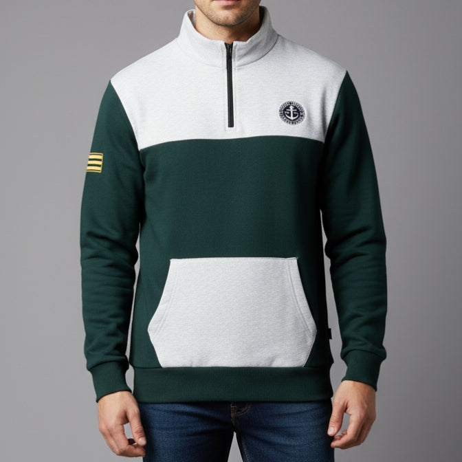 Men's Color Block Quarter-Zip Sweatshirt with Pouch Pocket | Casual Anchor Logo Pullover | Dark Green & Grey Funnel Neck Jumper