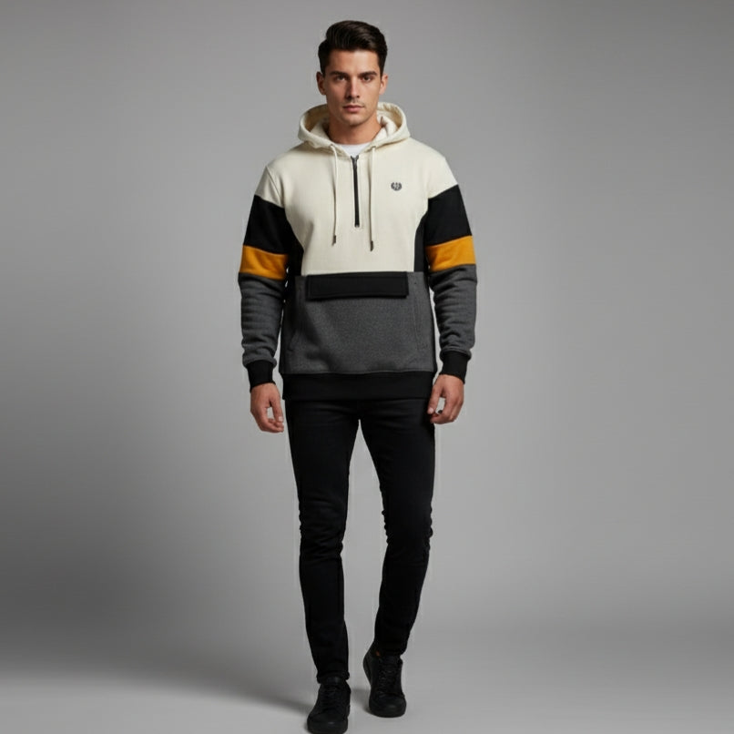 Men's Premium Color Block Pullover Hoodie | Quarter-Zip Funnel Neck Jumper | Ivory, Grey & Mustard Panel Hoodie | Front Flap Pocket
