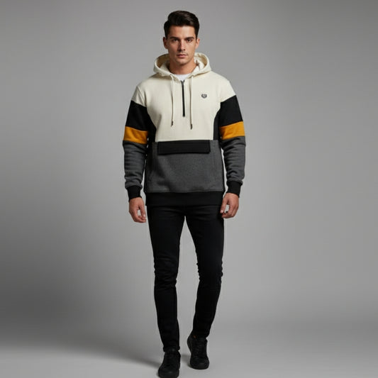 Men's Premium Color Block Pullover Hoodie | Quarter-Zip Funnel Neck Jumper | Ivory, Grey & Mustard Panel Hoodie | Front Flap Pocket