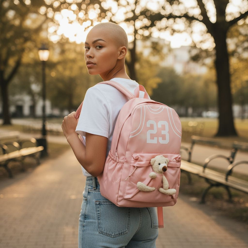 Cute Pink Teddy Bear Backpack for Girls | Kids School Bag with Basketball Jersey Number 23 Print | Soft Plush Toy Front Pocket | Lightweight Travel Rucksack
