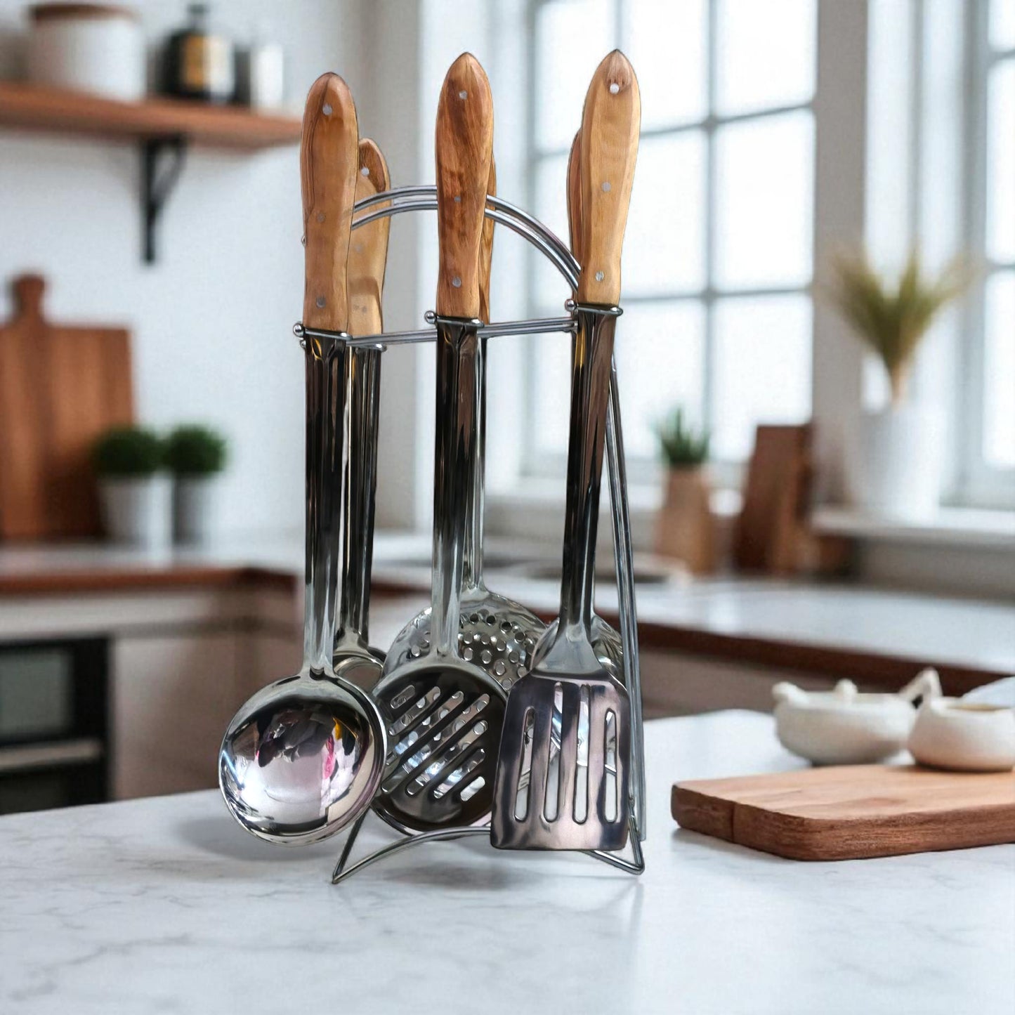 Premium Stainless Steel Kitchen Utensil Set with Wooden Handles | 6-Piece Cooking Spoon & Spatula Tool Collection with Stand | Heavy Duty Kitchen Tools for Home & Professional Use