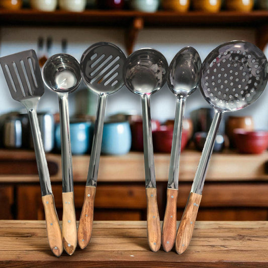 Premium Stainless Steel Kitchen Utensil Set with Wooden Handles | 6-Piece Cooking Spoon & Spatula Tool Collection with Stand | Heavy Duty Kitchen Tools for Home & Professional Use