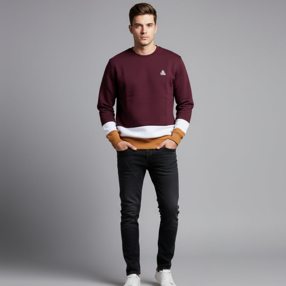 Men's Color Block Crewneck Sweatshirt | Burgundy, White & Tan Pullover | Embroidered Logo Jumper | Ribbed Cuff & Hem