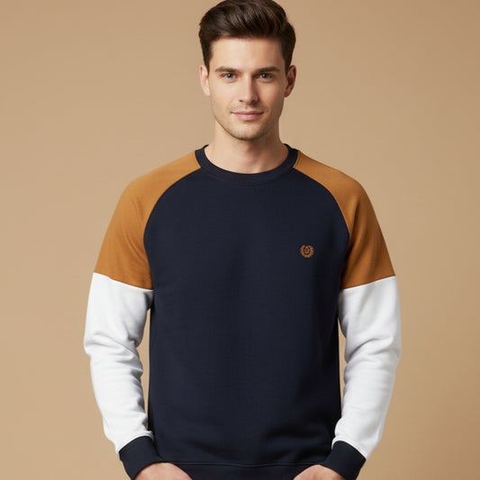 Living Essentials Men's Raglan Color Block Sweatshirt - Navy, Tan & White - Crew Neck Fleece Jumper