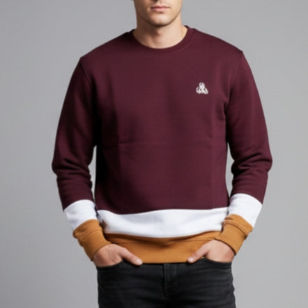 Men's Color Block Crewneck Sweatshirt | Burgundy, White & Tan Pullover | Embroidered Logo Jumper | Ribbed Cuff & Hem