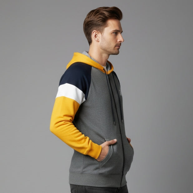 Men's Multi-Color Block Full-Zip Hoodie | Grey, Navy, & Yellow Hooded Sweatshirt | Raglan Sleeve Fleece Jacket | Contrast Hood Liner